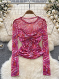Yipinpay Europe Long sleeved Mesh Sheer T-shirt Fashion Skinny Temperament Office Lady Blouse O Neck Pleated Tie Dye Print Top