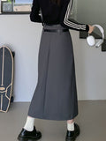 Yipinpay Vintage Belt Long Skirt Women Autumn 90s Aesthetic Streetwear Y2k High Waist Slim A-line Pleated Skirt Korean Style