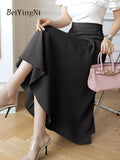 yipinpay Spring Summer High Waisted Skirts Woman Ruffles Elegant Casual Slim A-line Midi Skirt Female Vintage Simple OL Faldas