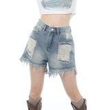 yipinpay Women's Straight Shorts Jeans Hot Pants High Waist Europe America Street Summer Vintage Ripped Design Denim Wide Leg Shorts