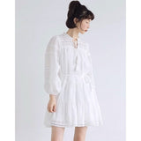 yipinpay White Dresses for Women 2023 Belt Long Sleeved Spliced Chic Solid Temperament Sexy Fashion Simple Y2K Elegant Miniskirt