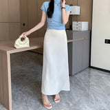 Yipinpay Elegant Satin A-line Skirts for Ladies Spring Summer Slim High Waist Skirt Women Luxury Korean Chic Casual OL Faldas