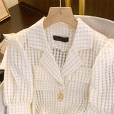 Yipinpay Crop Top Short Sleeve Blusas Mujer Puff Plaid Shirt Female Casual Suit Camisas Femme Striped Blouse Summer New Elegant