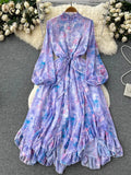 Yipinpay France Retro Loose Dress Floral Long Lantern Sleeves Beading Irregular Ruffles Elastic Lace Up Women Vintage Dress