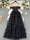 Yipinpay High Quality Cake Dress Fashion Strap Sequin Pachwork Mesh Design Women Temperament Sleeveless Autumn Shiny Long Dress
