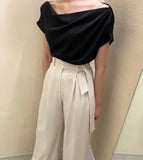 Yipinpay OL Shirts Off Shoulder Short Sleeve Pleated Shirt Women Temperament Top Blusas De Mujer Black Chiffon Blouse Slim