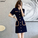 Yipinpay Pocket Button Knit Dress Mini A Line Femme Robe 2023 Summer French Elegant Retro Slim Elegant Casual Short Sleeve Vestidos