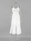 Yipinpay White Cotton Linen Spaghetti Strap Dress Women V-Neck Summer Vacation A-Line Dress Ruched Casual Button Dresses 2023