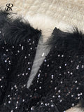 Yipinpay Autumn Elegant Sexy Black Jumpsuits 2024 Europen Fashion Off the Shoulder Feather Patchwork Sequins Slim Long Playsuit