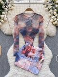 Yipinpay Fashion Hotsweet Two Pieces Suits O Neck Long Sleeved Transparent BodySuit Top+ Skinny Mini Skirt Tie Dye Print Sets