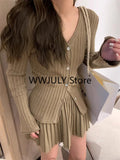 Yipinpay Autumn Grey Knitted Suit for Women Korean Slim Short Cardigan Top High Waist Fashion Skirt Suit Outfit 2 Piece Set Chic