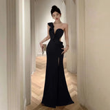 Yipinpay Elegant Dresses Women Sexy Diagonal Collar Irregular Off Shoulder Ruffles Backless Slim Split Mermaid Dress Party Ladies