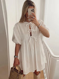 Yipinpay Short Puff Sleeve Leopard Mini Dress Women 2024 Elegant Lace Up Round Neck Short Dress Summer Loose Casual Beach Dress