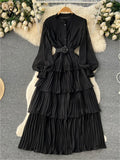 Yipinpay Spring French Style Chiffon Long Dress 2024 Long Sleeve Single Breasted Fashion Belt Women A-Line Elegant Party Dress