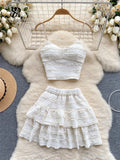 Yipinpay Sweet Ruched Two Pieces Sets V Neck Strap Crop Tops+Short Pleated Skirt Women Korean Style Chic Summer Beachwear Suits