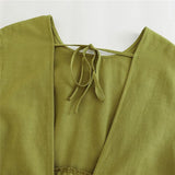 Yipinpay 2023 Woman Bow Backless Crop Top Women Green Short Sleeve Blouses Summer 2023 Tied Streetwear Cropped Chic Women Blouse