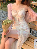 Yipinpay Summer Floral Sleeveless Midi Dress Elegant Sexy French Vintage Strap Dress Woman Party One Piece Dress Korean Fashion