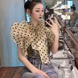 Yipinpay Puff Sleeve Black Polka Dot Shirt Women Vintage Blusa Bow Lace Up Lantern Sleeve Transparent Shirt New Blouse Top 2023