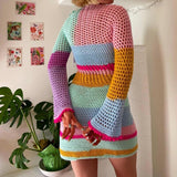 Yipinpay Patchwork Hollow Out Crochet Mini Dress Chic Women Long Sleeve 90s Vintage Aesthetic Knitted Dress Y2K Fairycore
