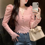 Yipinpay Fashion Shirts Women Puff Loong Sleeve V Neck Autumn Winter Slim Lace Patchwork Crop Tops Female Sexy Elegant Blouse