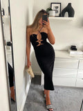 Yipinpay Backless Sexy Hollow Out Long Dress Women Black Cross Bandage Beaded Slim Spaghetti Strap Midi Dress Party Club Summer