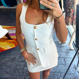 Yipinpay Breasted Vest Skirts Set Women White Sleeveless Square Collar Button Waistcoat Sexy Mini Skirt 2024 Summer Lady Outfits