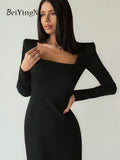 yipinpay Spring Fall Sexy Low Cut Long Dresses for Women Slim Square Collar French Black Elegant Bodycon Dress Ladies Vestidos