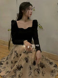 Yipinpay Floral Midi Dress Casual Party Korean Style Dress Woman Slim 2023 Autumn Design Long Sleeve French Elegant Dress Chic