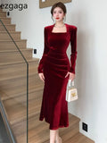 Yipinpay Dress Woman Vintage Square Collar Long Sleeve Slim Velvet Mermaid Dresses French Style Chic Solid Slim Female Fashion