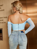 Yipinpay sale! Summer Corset Top Women Y2k Tops Blue Boycon Crop Top Off The Shoulder Sexy Mesh Top Outfits Girl Party Clubwear