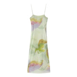 Yipinpay Print Tulle Slip Dress Woman Ruffle Mesh Long Dress Women Backless Midi Sexy Party Dresses Sleeveless Beach Summer Dresses