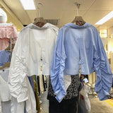 Yipinpay Crop Camisole Tank Tops 2 Piece Sets Blue Long Sleeve Shirt Women Casual Pleated Spring Blouse Wild White Shirt