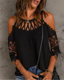 Yipinpay women summer Contrast Lace Hollow Out Cold Shoulder Top