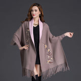 Yipinpay Winter Can Wear Shawl Scarf Dual-use Embroidery With Sleeves Wool Cashmere Thick Tassel Cloak Female