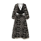 Yipinpay New Fashion Women Embroidered Cut Out Midi Dress Sexy Backless Cross-Back Straps V Neck Female Party Vestidos