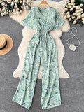 Yipinpay Beach Summer Floral Jumpsuits Fashion V Neck Elastic Slim Short Sleeve 2024 Streetwear Vacation Retro Long Rompers