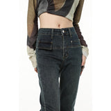 yipinpay Blue Women Jeans Tassels Flare Pants American Fashion Streetwear Style Wide Leg Jean Female Trouser Baggy Denim Pants