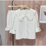 Yipinpay Cotton Shorts Sets Women's Chic Long Sleeve Pater Pan Collor Blouse High Waist Shorts 2 Pieces Sets Female Beach Outfits