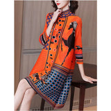 Yipinpay retro plexue dress female 2024 spring national wind printed high-end foreign air large A word skirt long sleeve dress