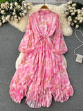 Yipinpay France Retro Loose Dress Floral Long Lantern Sleeves Beading Irregular Ruffles Elastic Lace Up Women Vintage Dress