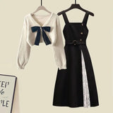 Yipinpay Women's Spring Autumn New Knitted Sweaters Two Piece 2024 Korean Elegant Bow Cardigan Strap Skirt Matching Set Female Clothing