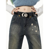 yipinpay High Waist Women Jeans Stars Printing Vintage American Fashion Streetwear Wide Leg Female Denim Trouser Straight Pants