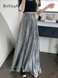 yipinpay Vintage Metallic Maxi Skirts Women Street Casual High Waist Long A-line Skirt Chic Korean Black SGothic Faldashiny