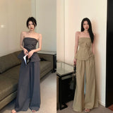Yipinpay Grade Hot Girls Suit Women's Pleated Waist Wrap Strapless Top Casual Sweeping Wide Leg Pants Two-piece Set Female Clothes