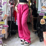 Yipinpay Pants Women Retro Pink Pocket High Waist Straight Pants Women Casual Streetwear Mom Pants For Woman Denim Jeans