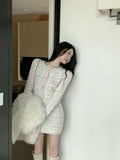 Yipinpay Cropped Rainbow Cardigan Tweed Jacket Korean Chic Fall Wrap Hip Skirt Sets 2 Piece Sets