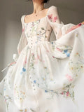 Yipinpay Elegant Floral Midi Dress Chiffon Long Sleeve Evening Party Dress Woman Beach Fairy One Piece Dress Korean 2024 Summer