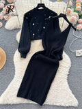 Yipinpay Winter Beading Knitted Suits Women Loose Long Sleeve Beading Pullover+ Midi Dress Fashion Warm Sweater Two Piece Sets