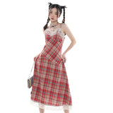 yipinpay Women's Wear Strap Dress Lace Plaid Chic Slim Skirt Sexy Backless Summer French Vintage Sleeveless Suspender Mid-length Skirt