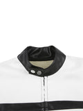 Yipinpay Women Gothic PU Leather Jacket Contrast Color Stand Collar Long Sleeve Zip-up Crop Top Bomber Coat Cool Racing Outwear